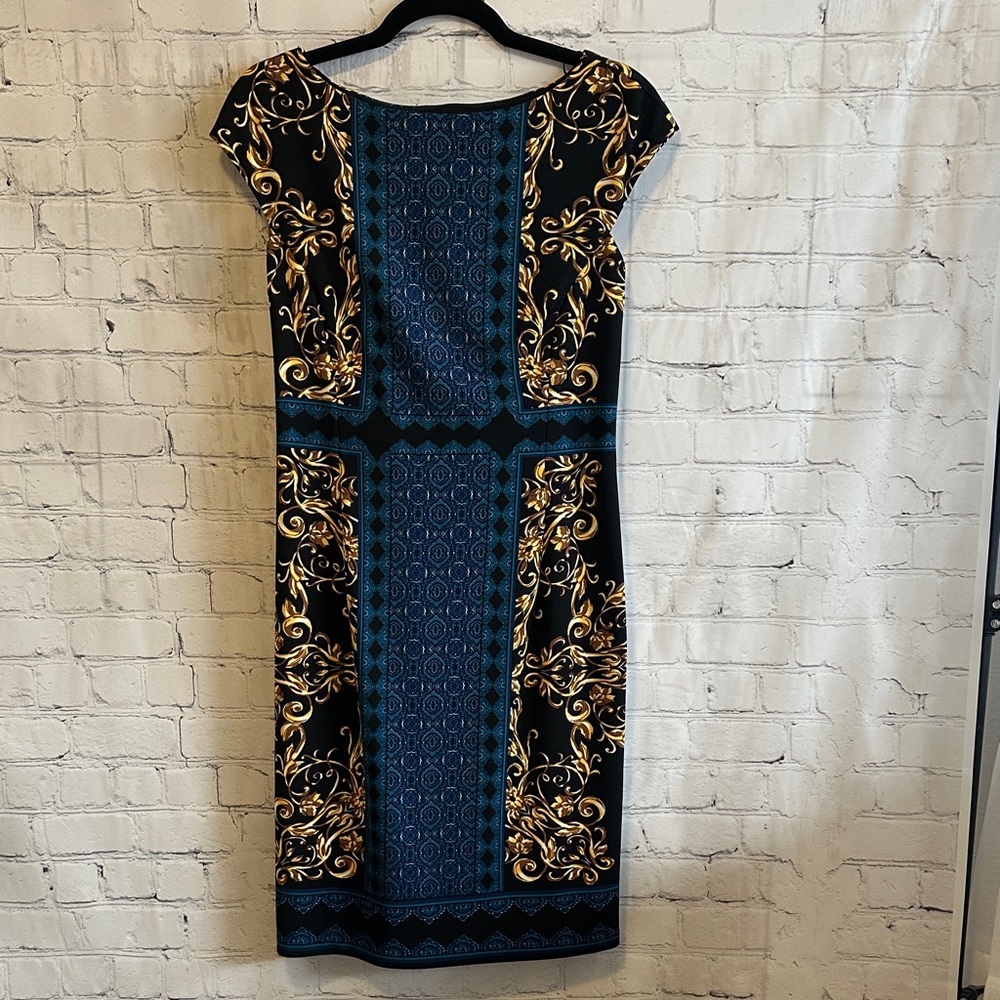 Maggy London Black and Gold Baroque Midi Dress